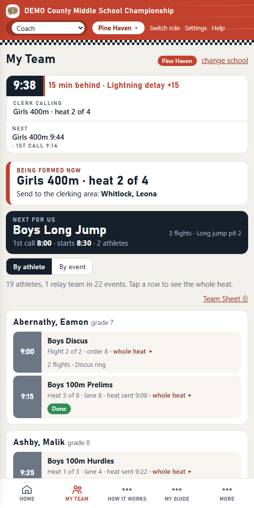 A coach's phone showing the new times