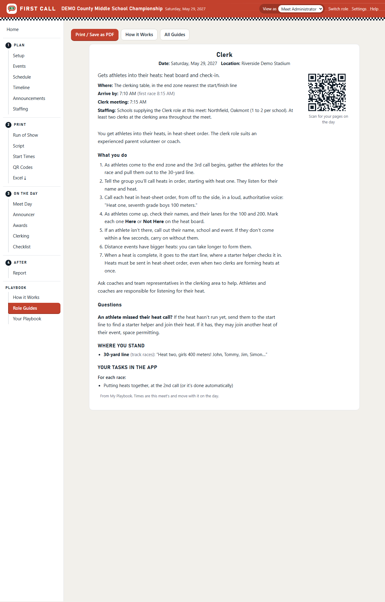 The Clerk's guide, filled in for the meet, with the QR code for the clerk's pages