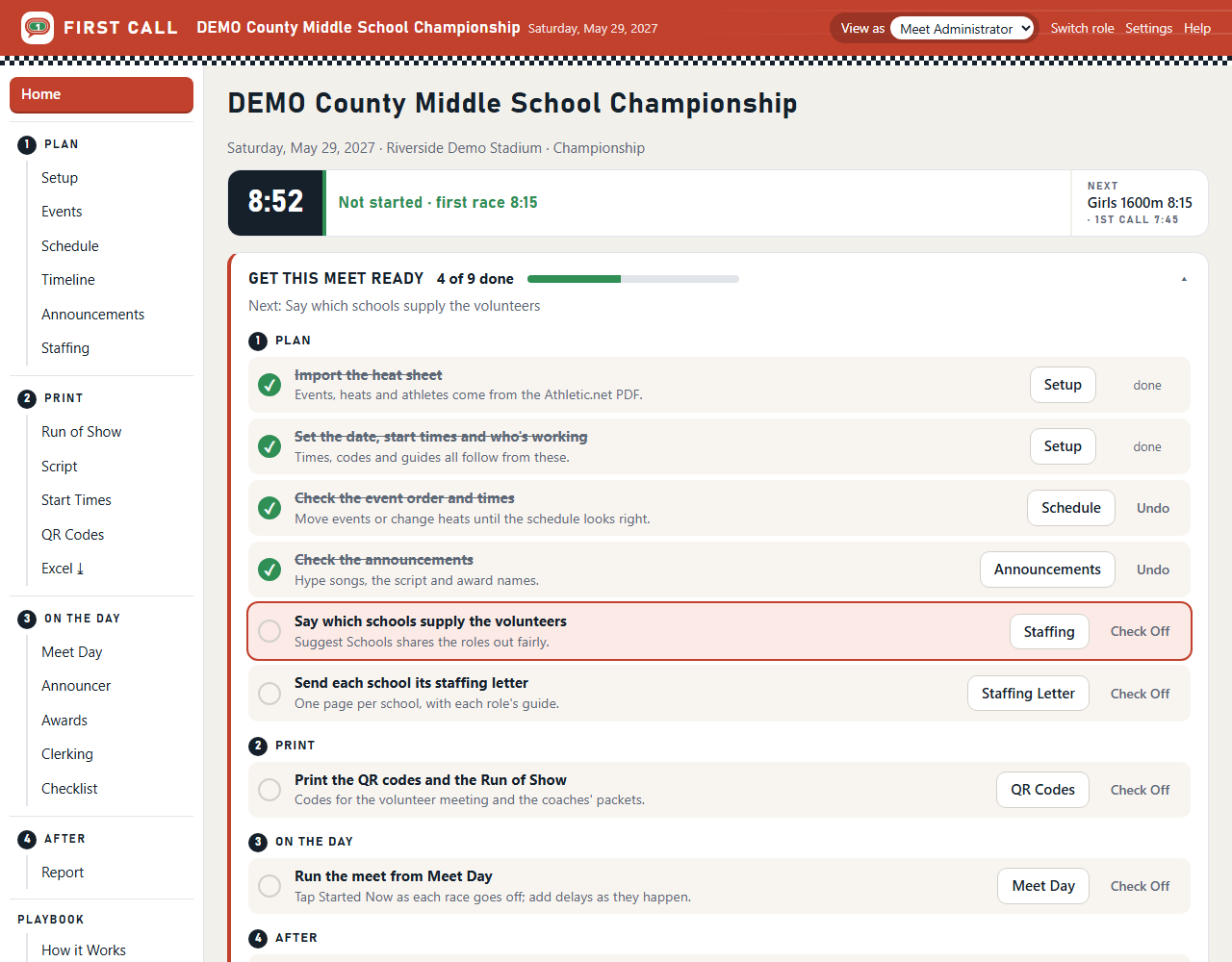 A meet's Home page with the Get This Meet Ready checklist and the numbered menu