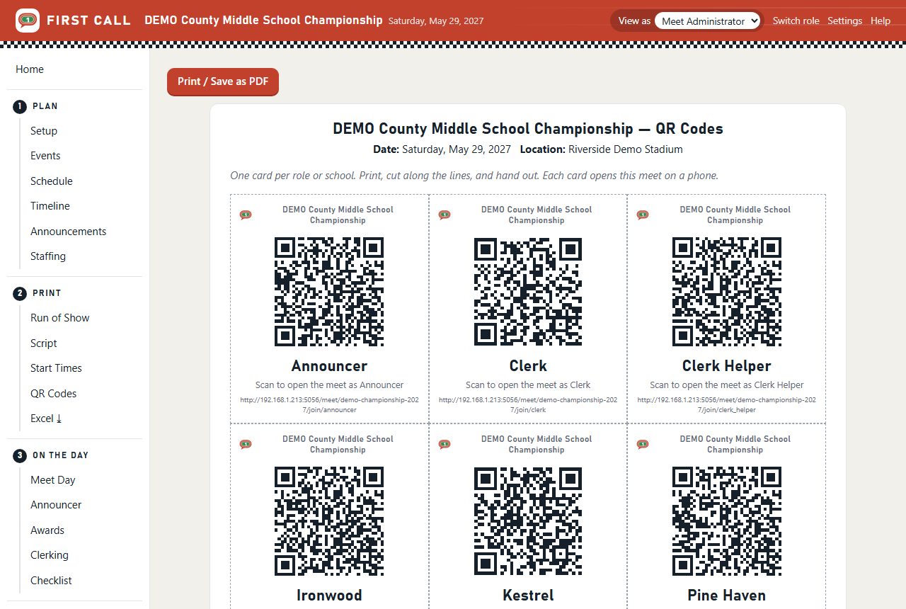 QR cards to cut out, one per role and one per school